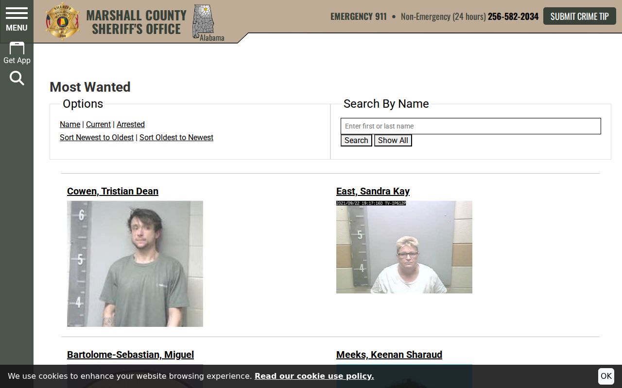Marshall County sheriff wanted-person page distinct from arrest records